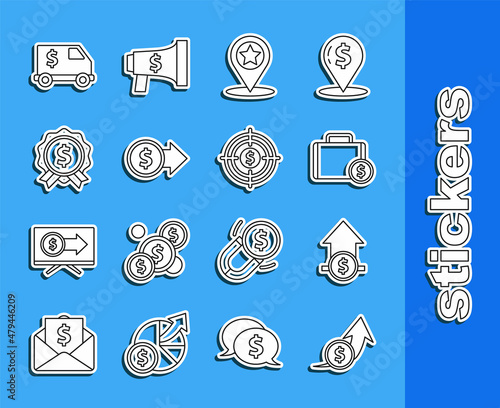 Set line Financial growth and coin, Briefcase money, Map pointer with star, Coin dollar symbol, Price tag, Armored truck and Target icon. Vector