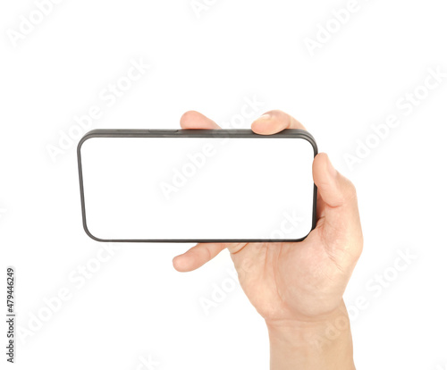 hand holding smartphone blank screen isolated white background 