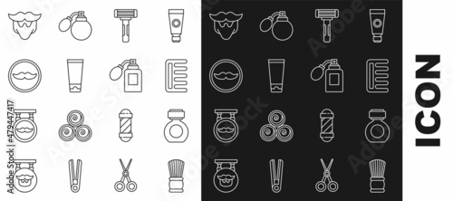 Set line Shaving brush, Aftershave, Hairbrush, razor, Cream lotion cosmetic tube, Mustache, and beard and bottle with atomizer icon. Vector