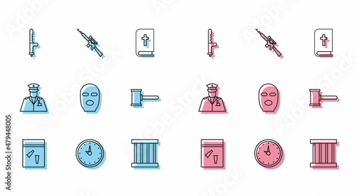 Set line Evidence bag and bullet, Clock, Police rubber baton, Prison window, Thief mask, Judge gavel, officer and Sniper rifle with scope icon. Vector