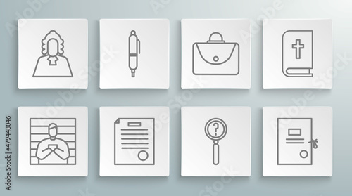 Set line Suspect criminal, Pen, The arrest warrant, Magnifying glass with search, Lawsuit paper, Briefcase, Holy bible book and Judge icon. Vector