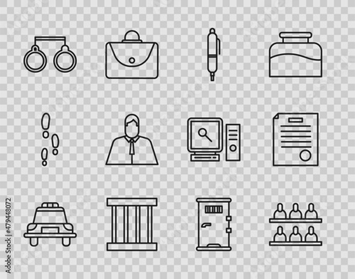 Set line Police car and flasher, Jurors, Pen, Prison window, Handcuffs, Lawyer, attorney, jurist, cell door and The arrest warrant icon. Vector