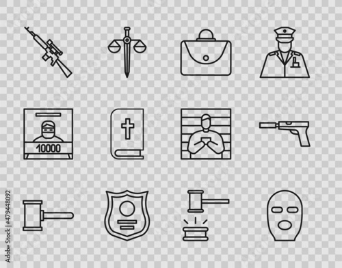 Set line Judge gavel, Thief mask, Briefcase, Police badge, Sniper rifle with scope, Holy bible book, and Pistol or gun silencer icon. Vector