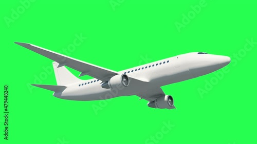 Front View of Airplane flying in turbulence on green screen or chroma key background. 4K Loop Animation