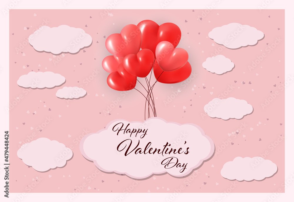 3D Realistic Red Heart Balloons Flying with Love Pattern and Happy Valentines Day Text Greetings in Background. Vector Illustration 3D Realistic Red Heart Balloons Flying with Love Pattern and Happy Valentines Day Text Greetings in Background. Vector Illustration