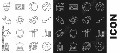 Set line Planet Mars, Rocket launch from the spaceport, Great Bear constellation, Moon, Black hole, Comet falling down fast, Astronomical observatory and Asteroid icon. Vector