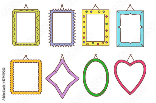 Frames line colored with various patterns and shadows for photos with hobnail on the wall set. Square, rectangle, oval, star, heart. Design elements isolated on white background. Vector illustration