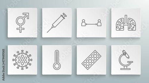 Set line Virus, Syringe, Medical thermometer, Pills blister pack, Microscope, Safe distance, cells lung and Gender icon. Vector