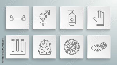 Set line Blood test and virus, Gender, Rabies, Stop, Reddish eye due, Bottle of liquid antibacterial soap, Medical rubber gloves and Safe distance icon. Vector