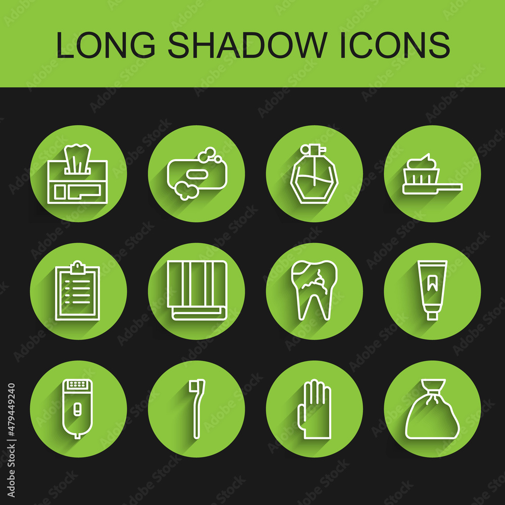 Set line Electrical hair clipper or shaver, Toothbrush, Wet wipe pack, Rubber gloves, Garbage bag, Towel stack, Tube of toothpaste and Broken icon. Vector Set line Electrical hair clipper or shaver, Toothbrush, Wet wipe pack, Rubber gloves, Garbage bag, Towel stack, Tube of toothpaste and Broken icon. Vector