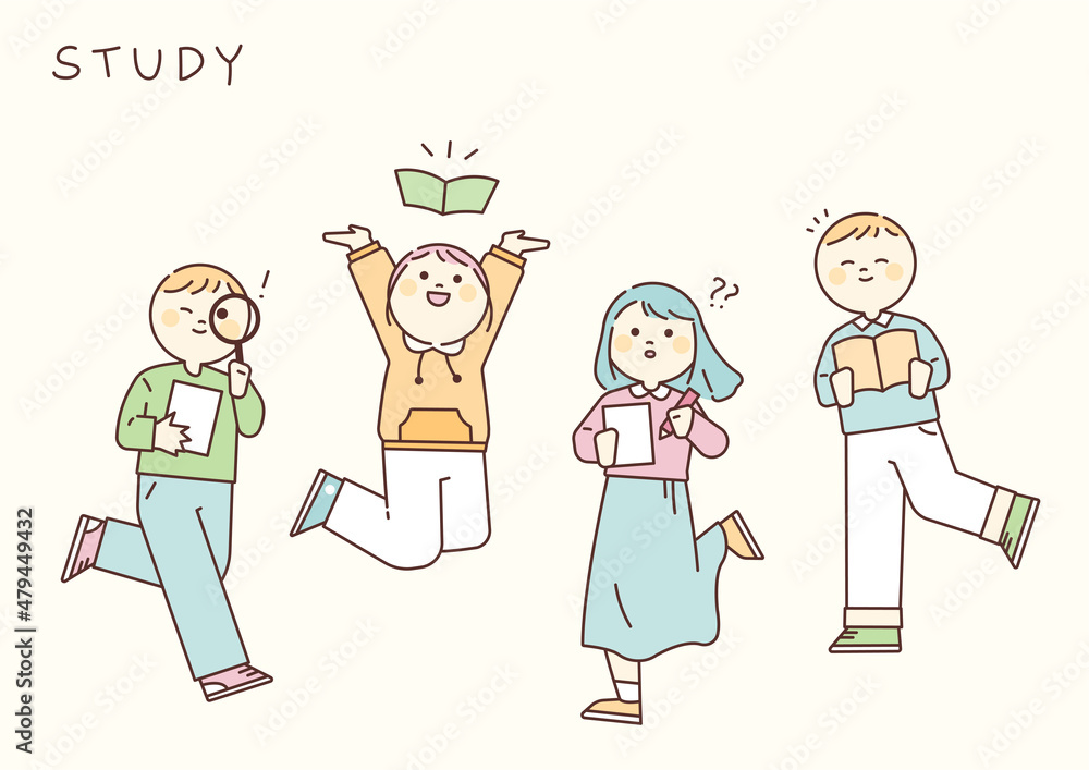 Students are reading, writing, searching, and having fun. flat design style vector illustration. Students are reading, writing, searching, and having fun. flat design style vector illustration.