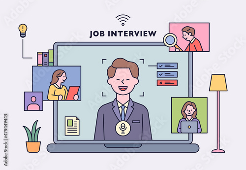 Online new employee interview. The face of the applicant is on the laptop screen, and the screen of the interviewer is floating around it. flat design style vector illustration.