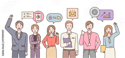 Business team members are standing with confident faces. Business icons are floating above their heads. flat design style vector illustration.