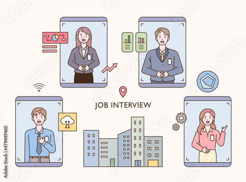 Candidates for a new company are interviewing on mobile. flat design style vector illustration.