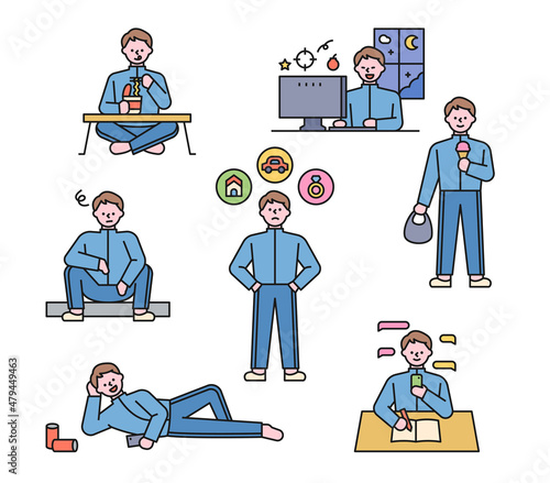 Cute loser character. A day of a man without a job in a comfortable outfit. flat design style vector illustration.