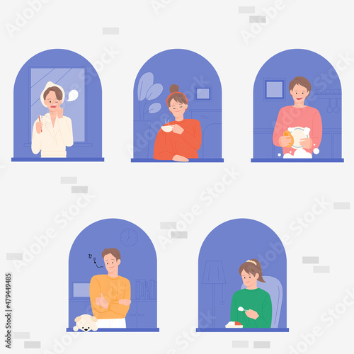 Neighbors seen through apartment windows. Everyone has a different lifestyle flat design style vector illustration.