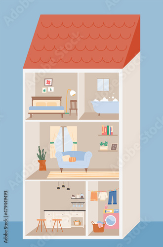 Cross section of a three-story house. The interior of each room. flat design style vector illustration.