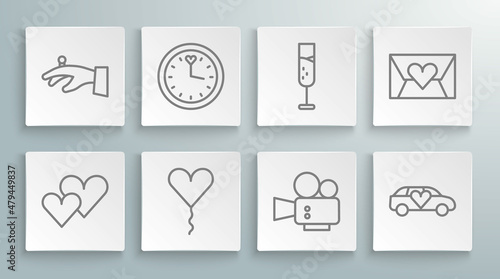 Set line Heart, Clock, Balloon in form of heart, Cinema camera, Limousine car, Glass champagne, Envelope with Valentine and Wedding rings hand icon. Vector