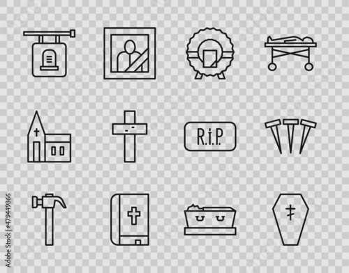 Set line Hammer, Coffin with cross, Memorial wreath, Holy bible book, Signboard tombstone, Christian, dead and Metallic nails icon. Vector