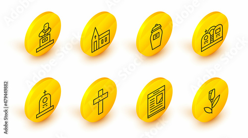 Set line Flower rose, Obituaries, Christian cross, Grave with tombstone, Funeral urn, Church building and icon. Vector