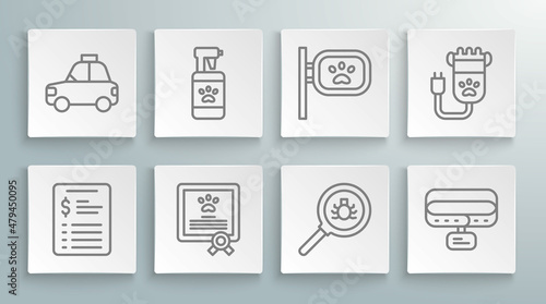 Set line Grooming salon price list, Pet shampoo, Certificate for dog or cat, Flea search, Collar with name tag, grooming, Hair clipper pet and car taxi icon. Vector