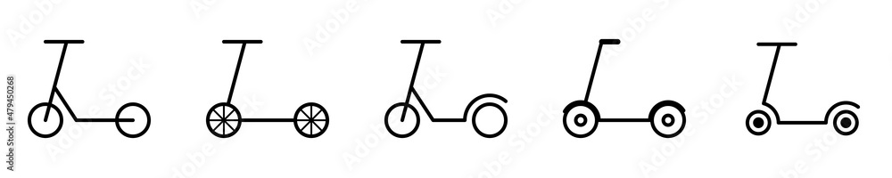 Conjunto de icono de scooter eléctrico. Monopatín. Vehículo de trasporte. Ilustración vectorial, estilo línea negro Conjunto de icono de scooter eléctrico. Monopatín. Vehículo de trasporte. Ilustración vectorial, estilo línea negro