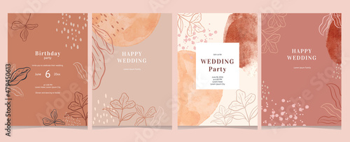Set of card template with flower line art and watercolor. Wedding invitation