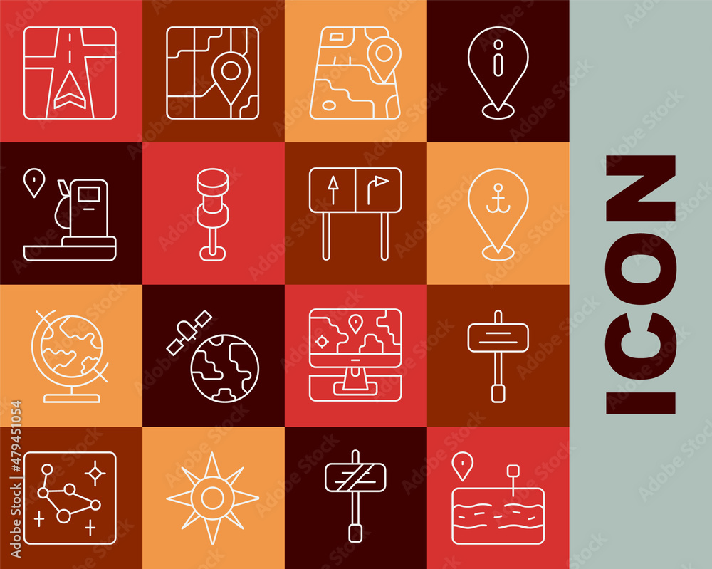 Set line Broken road, Road traffic sign, Location with anchor, City map navigation, Push pin, and gas station, Gps device and icon. Vector Set line Broken road, Road traffic sign, Location with anchor, City map navigation, Push pin, and gas station, Gps device and icon. Vector