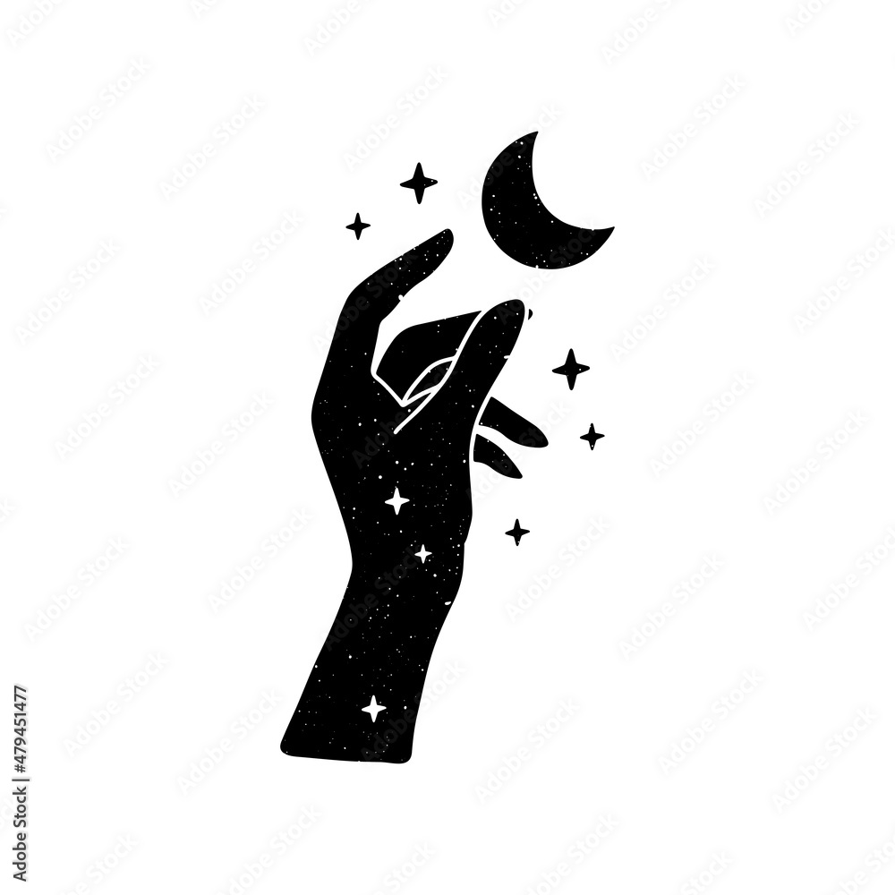Fototapeta premium Celestial vector illustration. Mystical witchy woman hand with moon, stars. Esoteric spiritual symbol on white backrgound. Wicca occult concept for alchemy t shirt print, magic card, boho poster, logo