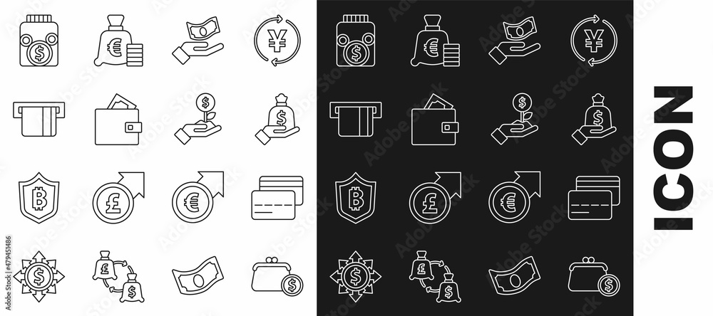 Set line Wallet with coins, Credit card, Hand holding money bag, inserted, Glass jar and Dollar plant icon. Vector Set line Wallet with coins, Credit card, Hand holding money bag, inserted, Glass jar and Dollar plant icon. Vector