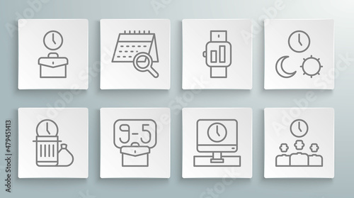 Set line Waste of time, Calendar search, From 9, Monitor, Time Management, Smartwatch, Day and night with and Work icon. Vector
