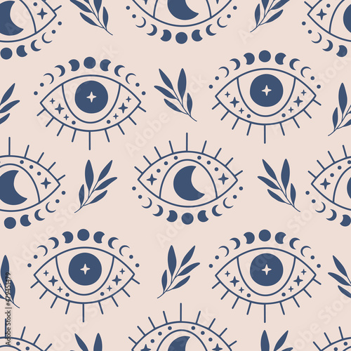 Boho vector seamless pattern. Hand drawn evil eye flat illustration. Magic witchcraft third eye with moon phases on blue background. For celestial print, fabric, wallpaper, textile, magical decor.