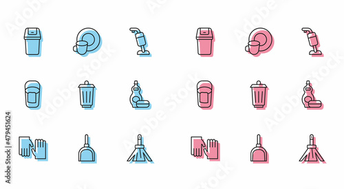Set line Rubber gloves, Dustpan, Trash can, Handle broom, Dishwashing liquid bottle, Bucket with rag and Washing dishes icon. Vector