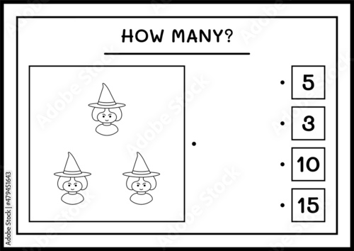 How many Witch  game for children. Vector illustration  printable worksheet