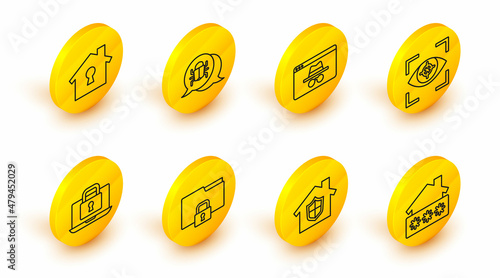 Set line House with password, under protection, Folder and lock, Laptop, Eye scan, Browser incognito window, System bug and icon. Vector