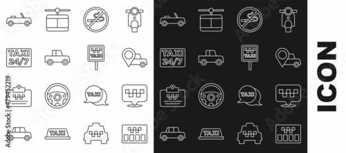 Set line Taximeter, Location with taxi, No Smoking, Car, and Road sign for stand icon. Vector