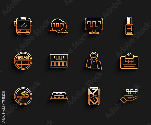 Set line No Smoking, Taxi car roof, Bus, City map navigation, Hand with taxi, Taximeter, driver license and Folded location icon. Vector
