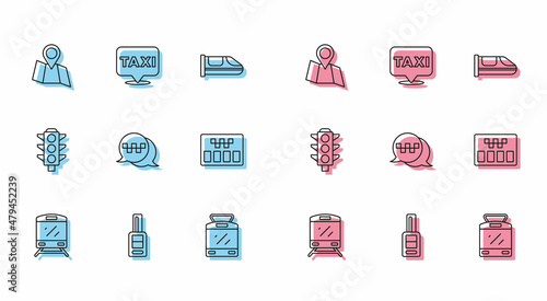 Set line Train, Car key with remote, Folded map location, Tram and railway, Taxi call telephone service, Taximeter, Traffic light and Location taxi icon. Vector
