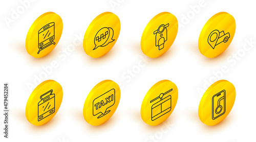 Set line City map navigation, Cable car, Location with taxi, Tram and railway, Scooter, Taxi call telephone service and Train icon. Vector