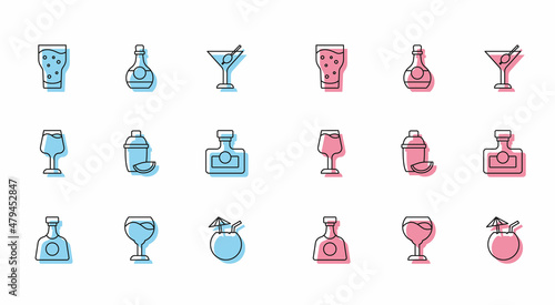 Set line Tequila bottle, Wine glass, Glass of beer, Coconut cocktail, Cocktail shaker with lime, Alcohol drink Rum, and Bottle cognac or brandy icon. Vector