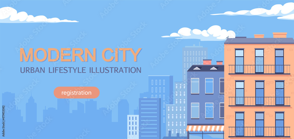 Fototapeta premium Modern city urban cityscape vector banner illustration. Blue color web banner template
