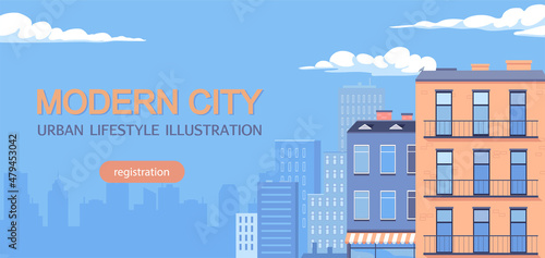 Modern city urban cityscape vector banner illustration. Blue color web banner template