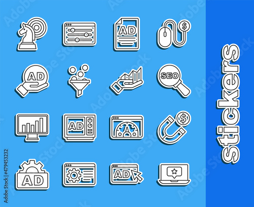 Set line Laptop with star, Magnet money, SEO optimization, Advertising, Lead management, Chess and Pie chart infographic icon. Vector