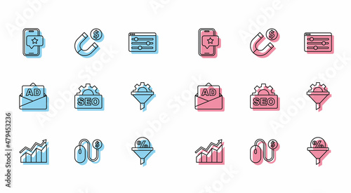 Set line Financial growth increase, Advertising, Mobile with review rating, Lead management, SEO optimization, Sales funnel gear, and Magnet money icon. Vector