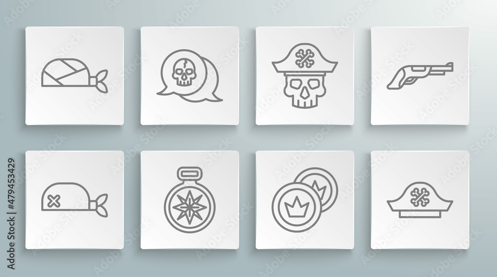 Set line Pirate bandana for head, Skull, Compass, coin, hat, captain, Vintage pistol and icon. Vector Set line Pirate bandana for head, Skull, Compass, coin, hat, captain, Vintage pistol and icon. Vector