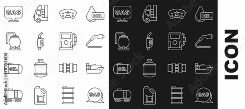 Set line Location and gas station, Oil tanker ship, Electrical cable plug charging, Motor gauge, Gasoline pump nozzle, storage, and Petrol icon. Vector