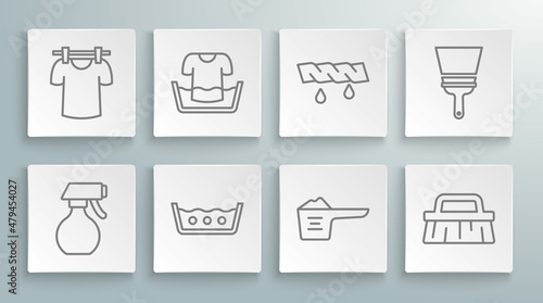 Set line Water spray bottle, Basin with shirt, Temperature wash, Washing powder, Brush for cleaning, Squeeze clothes, Rubber cleaner windows and Drying icon. Vector