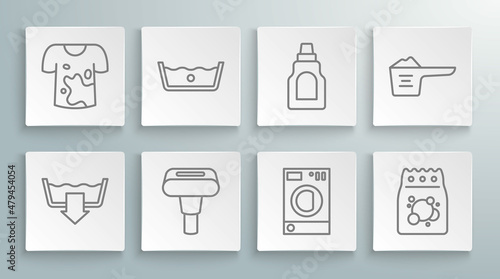 Set line Washing modes, Temperature wash, Garment steamer, Washer, Laundry detergent, Bottle for cleaning agent, powder and Dirty t-shirt icon. Vector