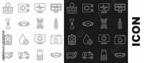Set line Medical protective mask, Patient record, thermometer, Heart rate, Human broken bone, Hospital building and DNA symbol icon. Vector