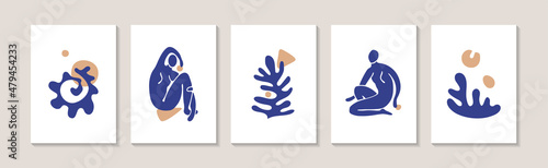 Set of five abstract posters with female silhouettes and abstract corals painted in the style of Henry Matisse.